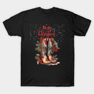 Merry Christmas, Christmas gifts and cowgirl boots, mistletoe branches, hawthorn and pine branches with pine cones T-Shirt